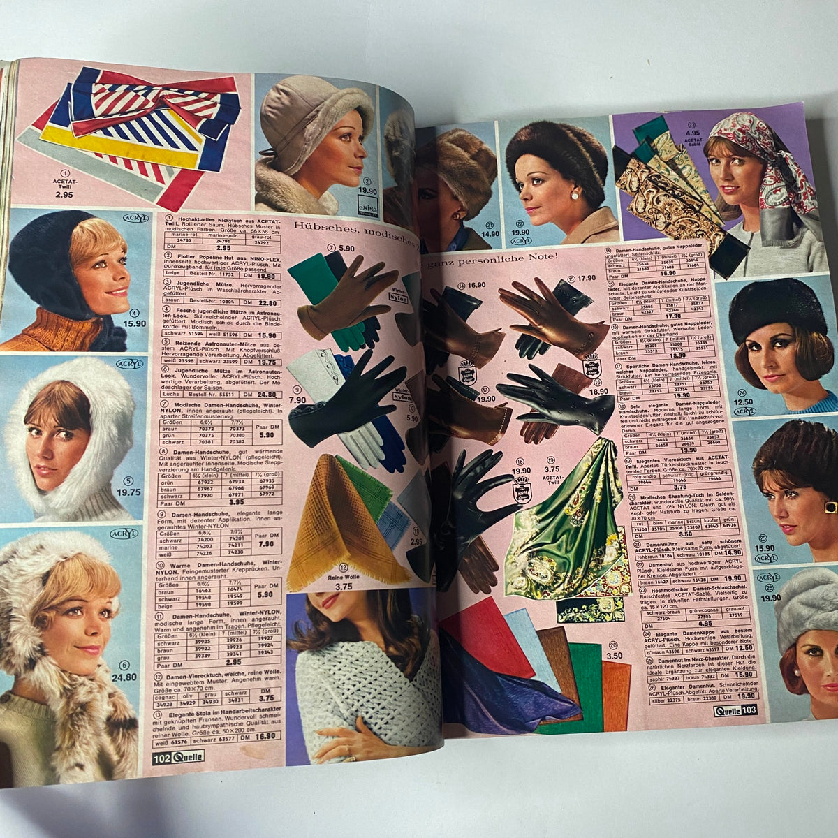 1969 - 1970 Quelle Winter Catalog presenting a vibrant collection of winter accessories including hats, scarves, and gloves, modeled by women with classic 1960s hairstyles.