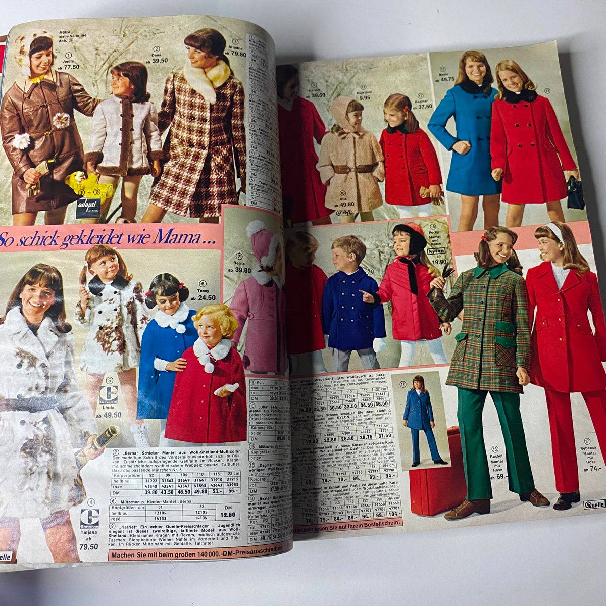 1969 - 1970 Quelle Winter Catalog illustrating stylish winter outerwear for children and women, with various coats and jackets showcased in a cheerful indoor setting.
