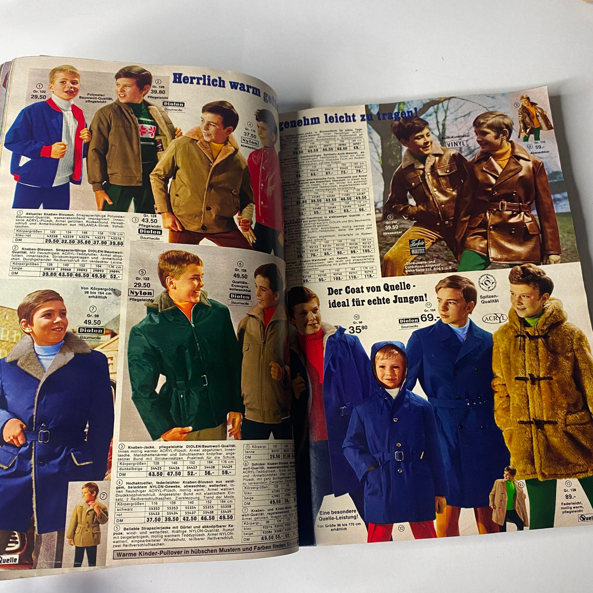 1969 - 1970 Quelle Winter Catalog showcasing children and women's winter coats in vibrant colors, highlighting late 1960s German fashion styles.