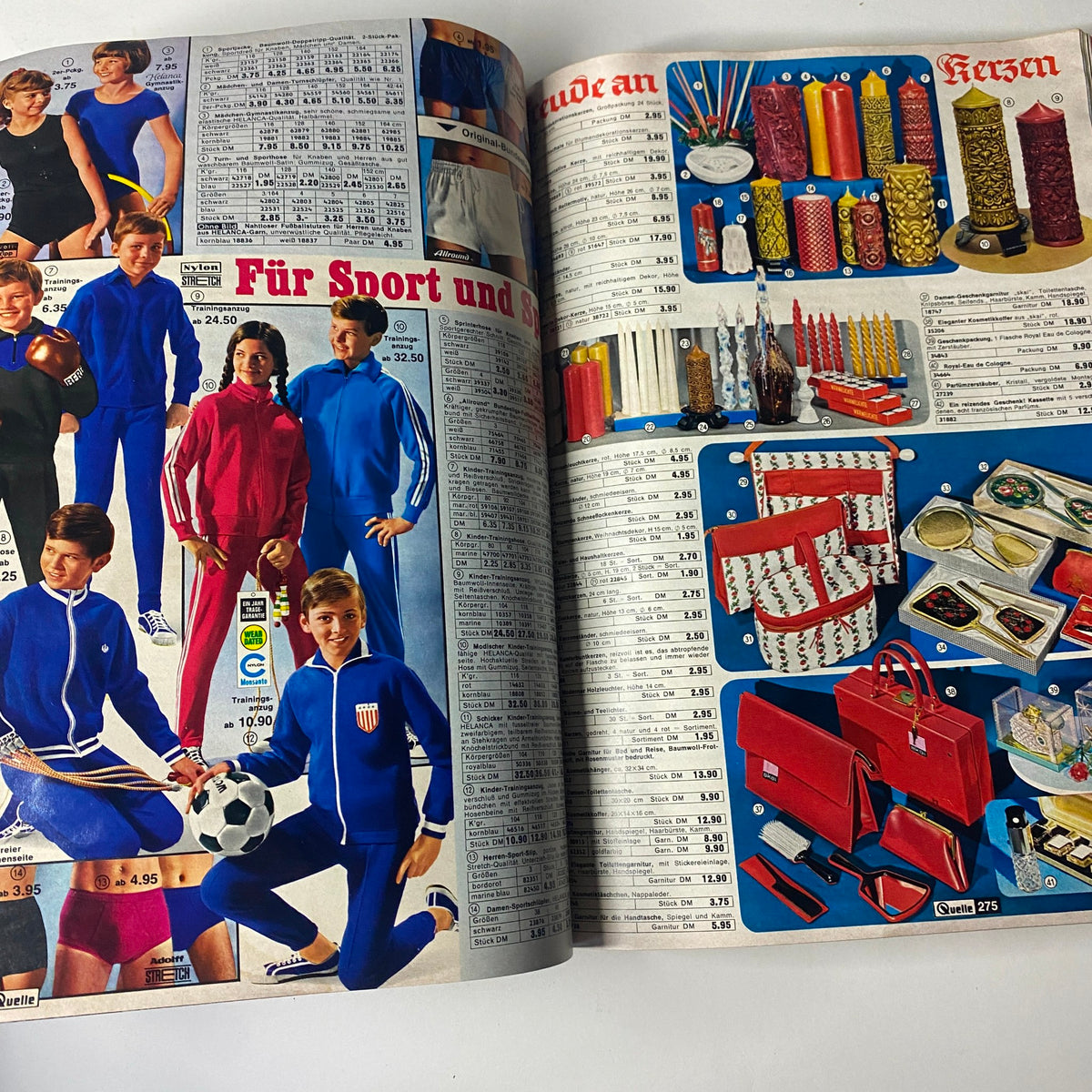 1969 - 1970 Quelle Winter Catalog showcasing athletic wear and accessories, featuring models in sporty outfits, including tracksuits and soccer gear, with price lists and colorful product displays.