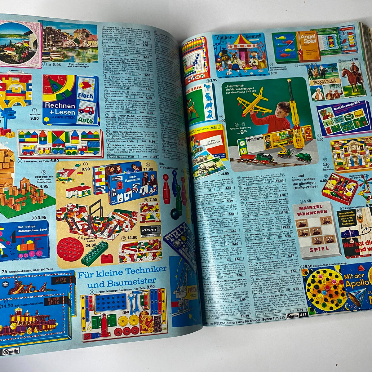 1969 - 1970 Quelle Winter Catalog featuring a selection of building toys and educational games for kids, with detailed pricing and a vibrant, playful design.