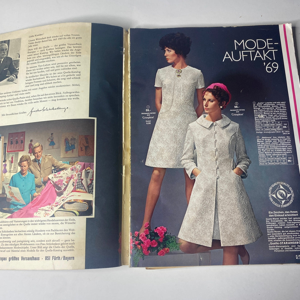 Interior page of the 1969 Quelle Summer Catalog showcasing elegant dresses and fashionable ensembles modeled by women, capturing the essence of 1969 fashion.