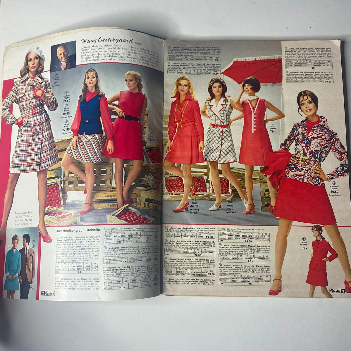 Another interior spread from the 1969 Quelle Summer Catalog displaying vibrant red dresses and stylish outfits, epitomizing the youthful fashion trends of the 1960s.