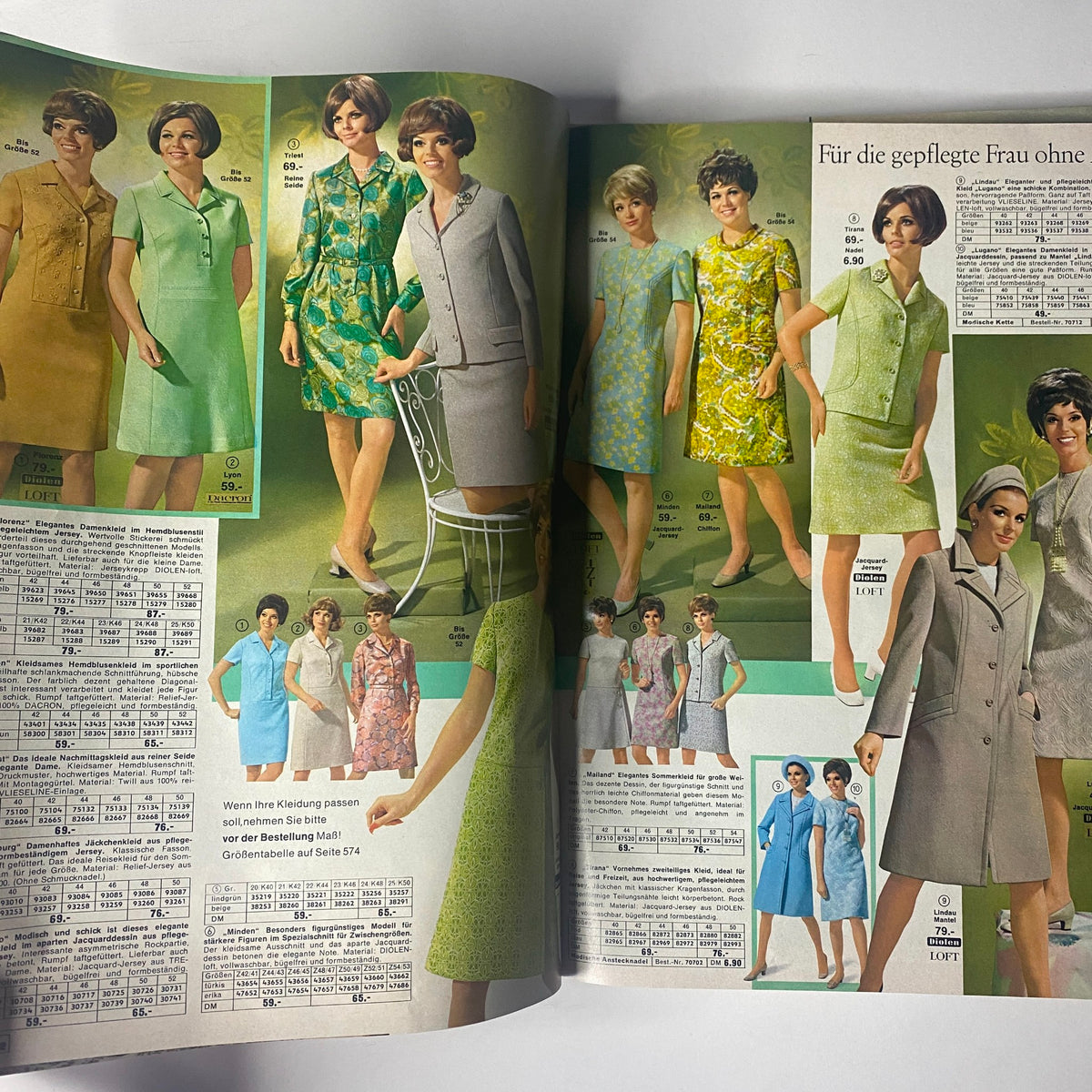 1969 Quelle Summer Catalog featuring elegant dresses for women, highlighting green tones and stylish summer outfits, with models displaying the latest fashion trends of the era.