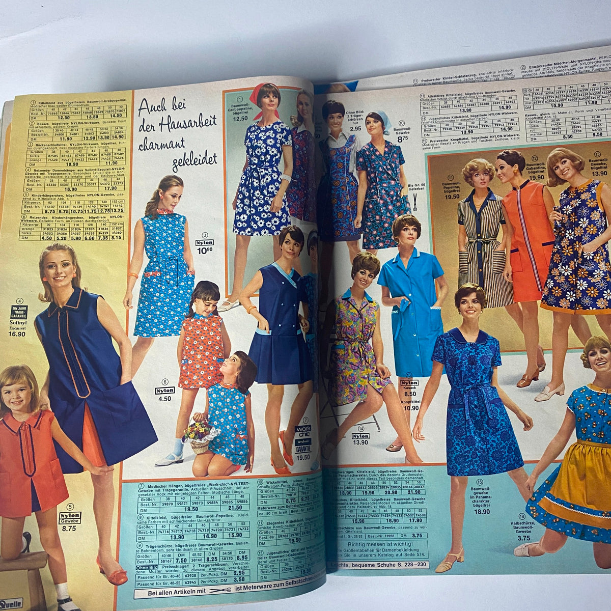 1969 Quelle Summer Catalog illustrating playful and chic fashion options for women and children, showcasing a mix of floral patterns and solid colors in a charming layout.
