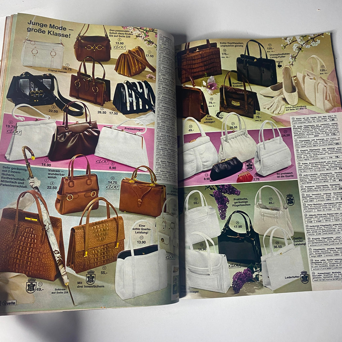 1969 Quelle Summer Catalog featuring a vibrant fashion spread of handbags and accessories in rich colors and textures, showcasing the playful spirit of late 1960s style.