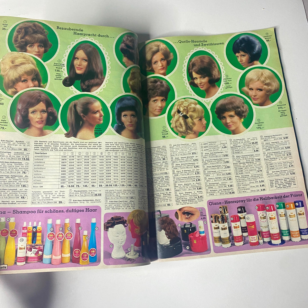 1969 Quelle Summer Catalog displaying a collection of stylish hairstyles and hair products, emphasizing the beauty trends of the 1960s and iconic looks from that era.