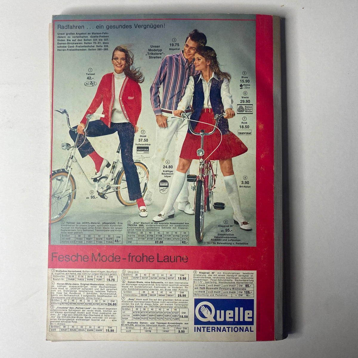 1969 Quelle Summer Catalog showing a vibrant fashion spread featuring models posing with bicycles. This page highlights playful summer styles including a red blazer and mini skirt outfits, capturing the essence of 1960s youth culture.
