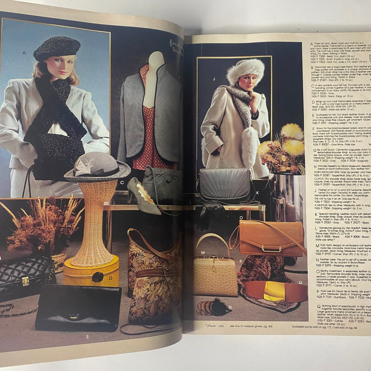 Interior spread of the 1980 Spiegel Fall and Winter Catalog displaying fashionable outerwear and accessories along with styled outfits.