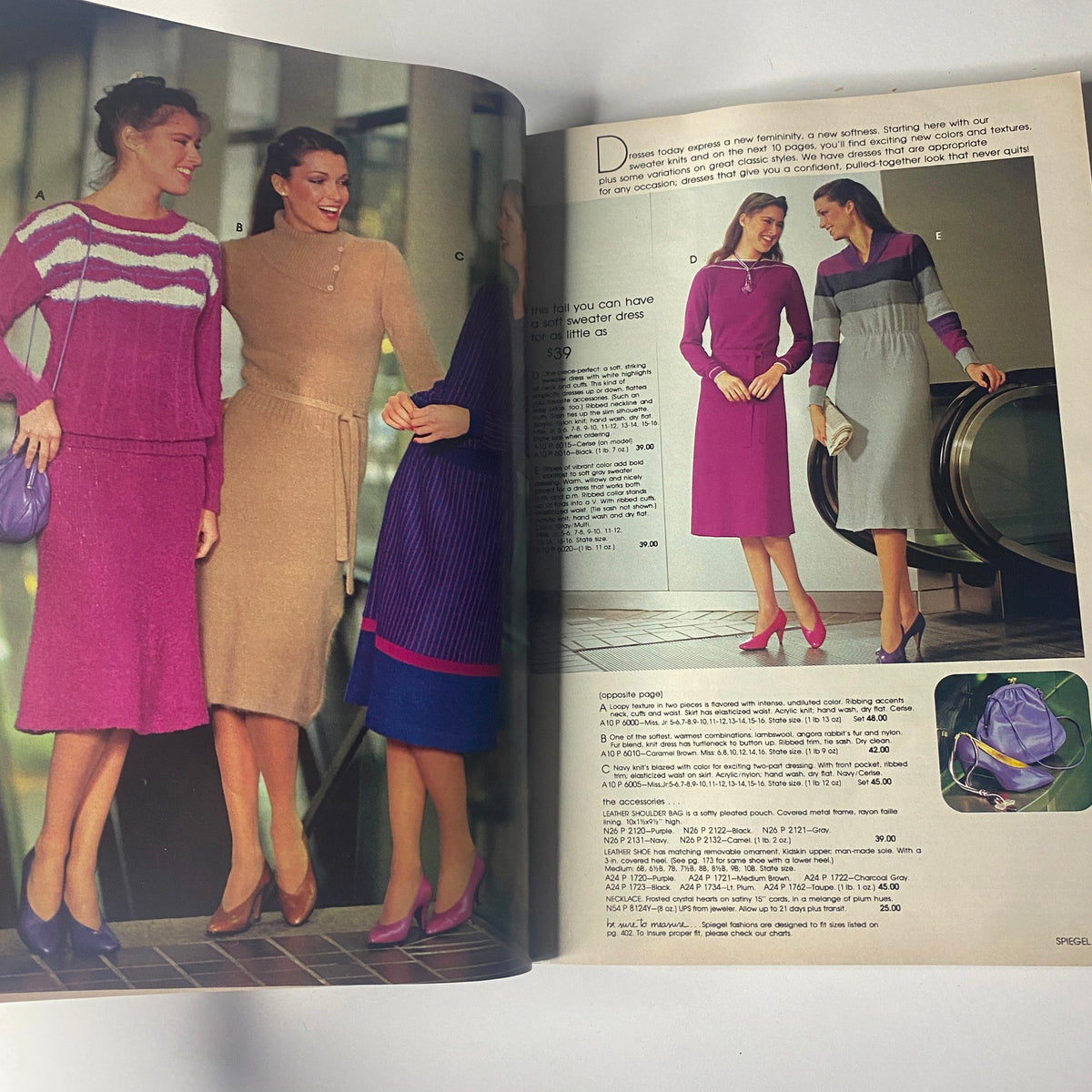1980 Spiegel Fall and Winter Catalog displaying fashionable knit dresses in vibrant colors, paired with chic accessories, representing 1980s women's fashion trends.