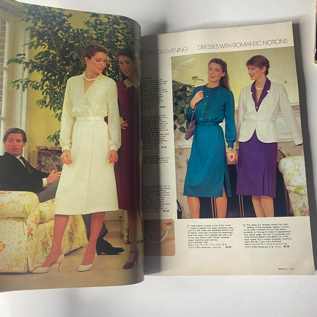1980 Spiegel Fall and Winter Catalog illustrating stylish dresses with romantic notions, featuring models in timeless cuts suitable for various occasions.