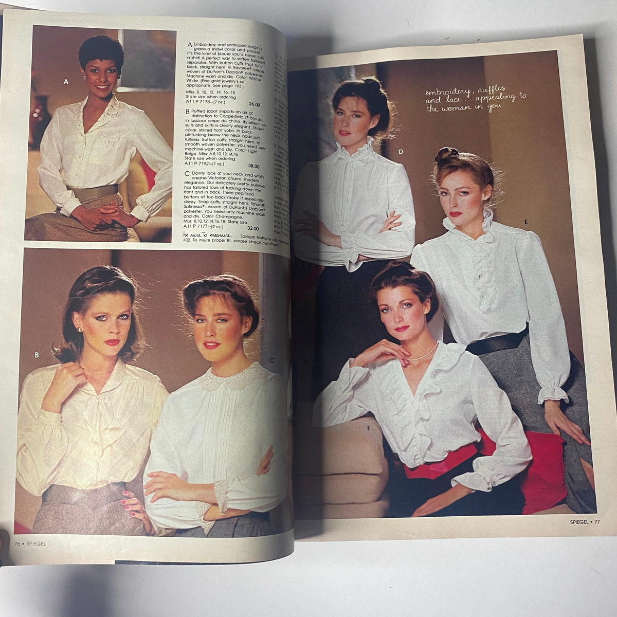 1980 Spiegel Fall and Winter Catalog showcasing a group of women modeling elegant blouses, featuring various styles and textures, perfect for fall fashion.