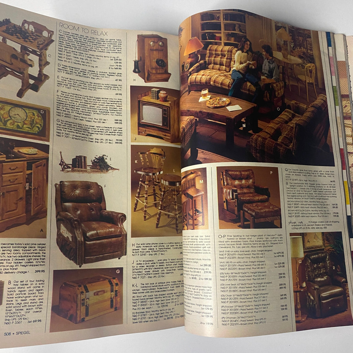 1980 Spiegel Fall and Winter Catalog featuring a cozy living room setup with plaid furniture and a classic wood decor, ideal for relaxed living spaces.