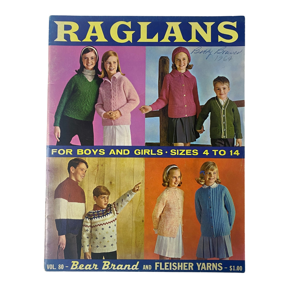 Cover of '1964 Vol. 80 Raglans For Boys and Girls Sweater Vest Catalog' showcasing colorful knitwear designs for children, featuring boys and girls wearing various styled sweaters and vests from sizes 4 to 14.