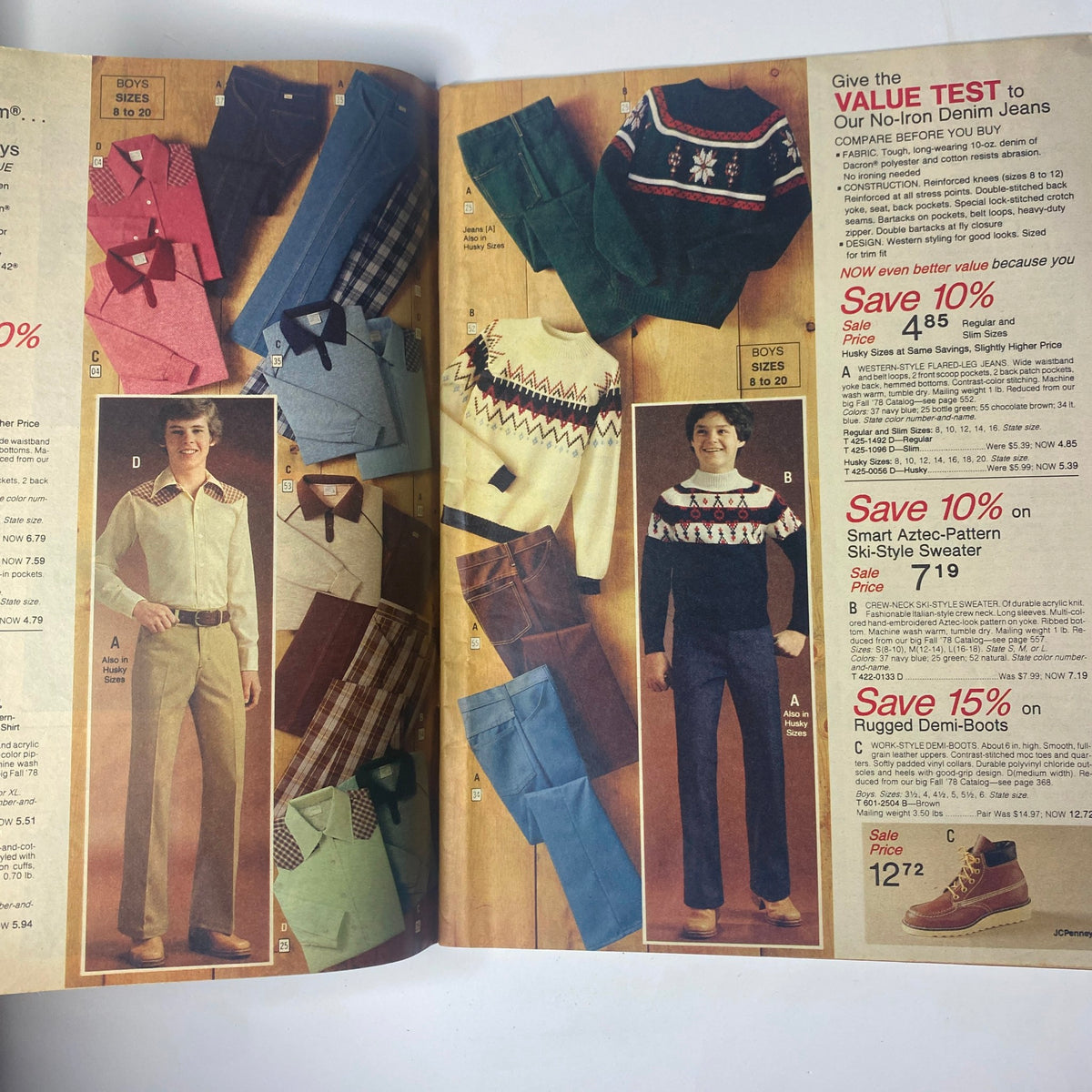 Inside spread of the 1978 JC Penney Back-to-School Sale Catalog showcasing boys' fashion, including no-iron denim jeans, colorful sweaters, and promotional discounts on various items.
