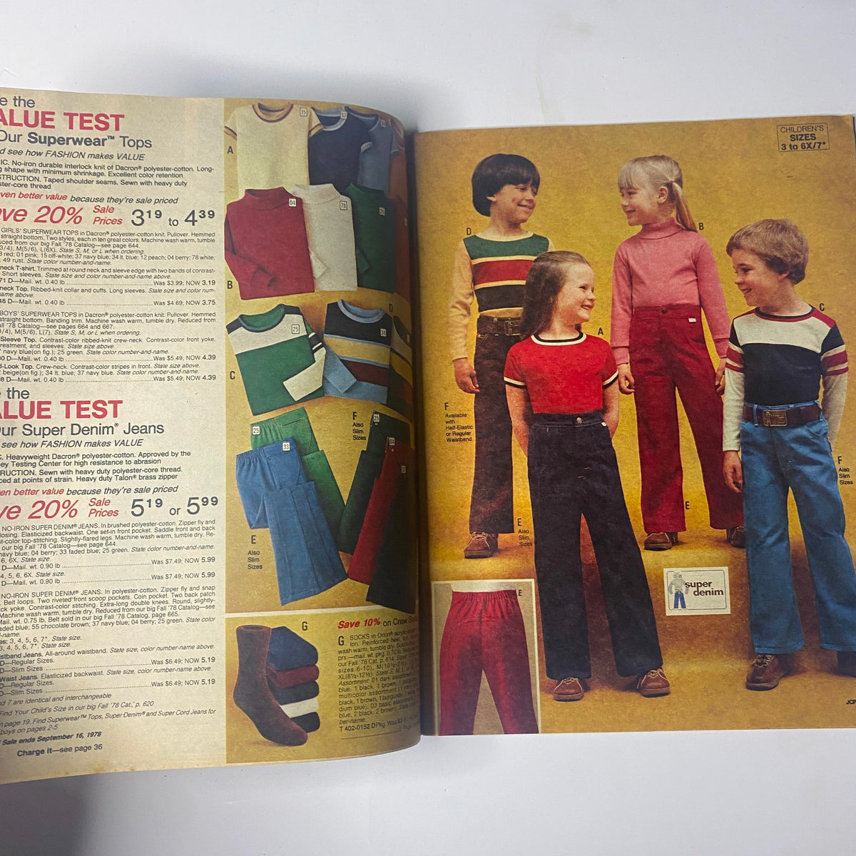 1978 JC Penney Back-to-School Sale Catalog page featuring children modeling casual outfits, including colorful tops and flared jeans. Promotional details show ‘Save 20% on Super Denim Jeans,’ highlighting examples of late-1970s youth fashion styles.