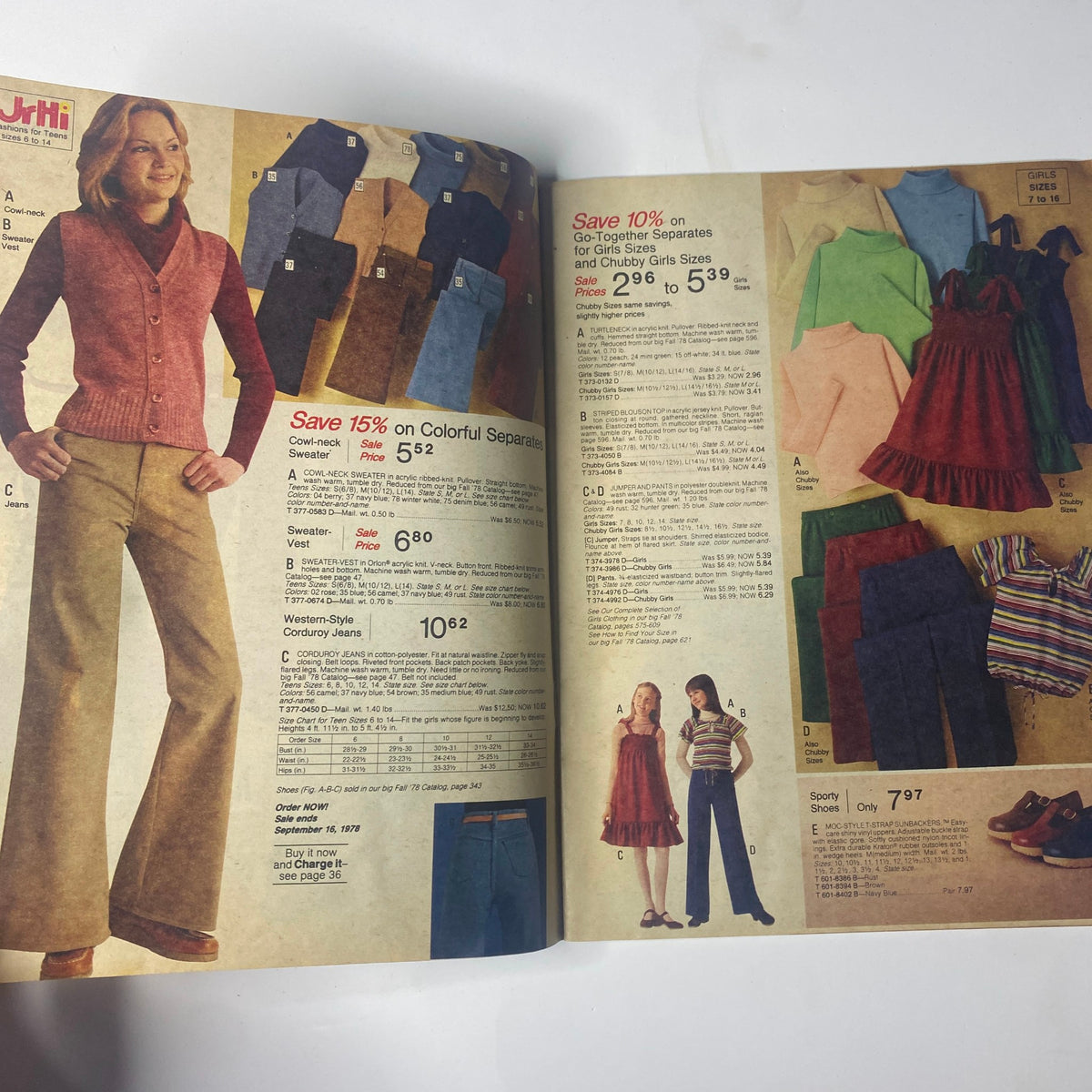 1978 JC Penney Back-to-School Sale Catalog page displaying stylish clothing options for girls, including vests, wide-leg pants, and colorful separates. Features promotional sales like ‘Save 15% on Colorful Separates,’ representing 1970s fashion trends.