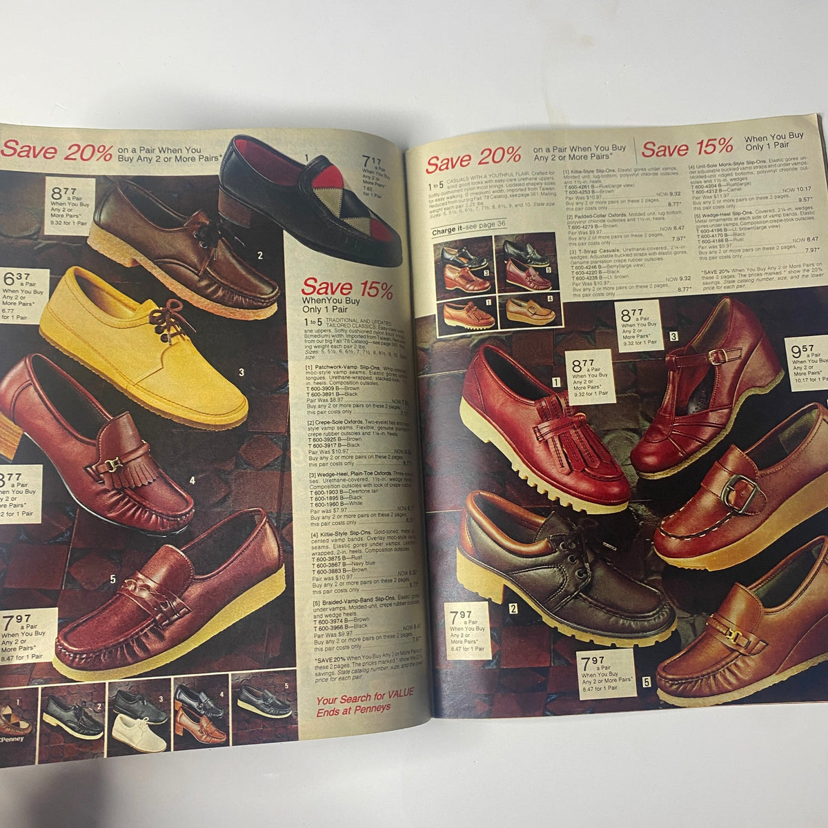 1978 JC Penney Back-to-School Sale Catalog displaying a variety of shoes, including loafers and clogs, with promotional offers detailing discount rates.