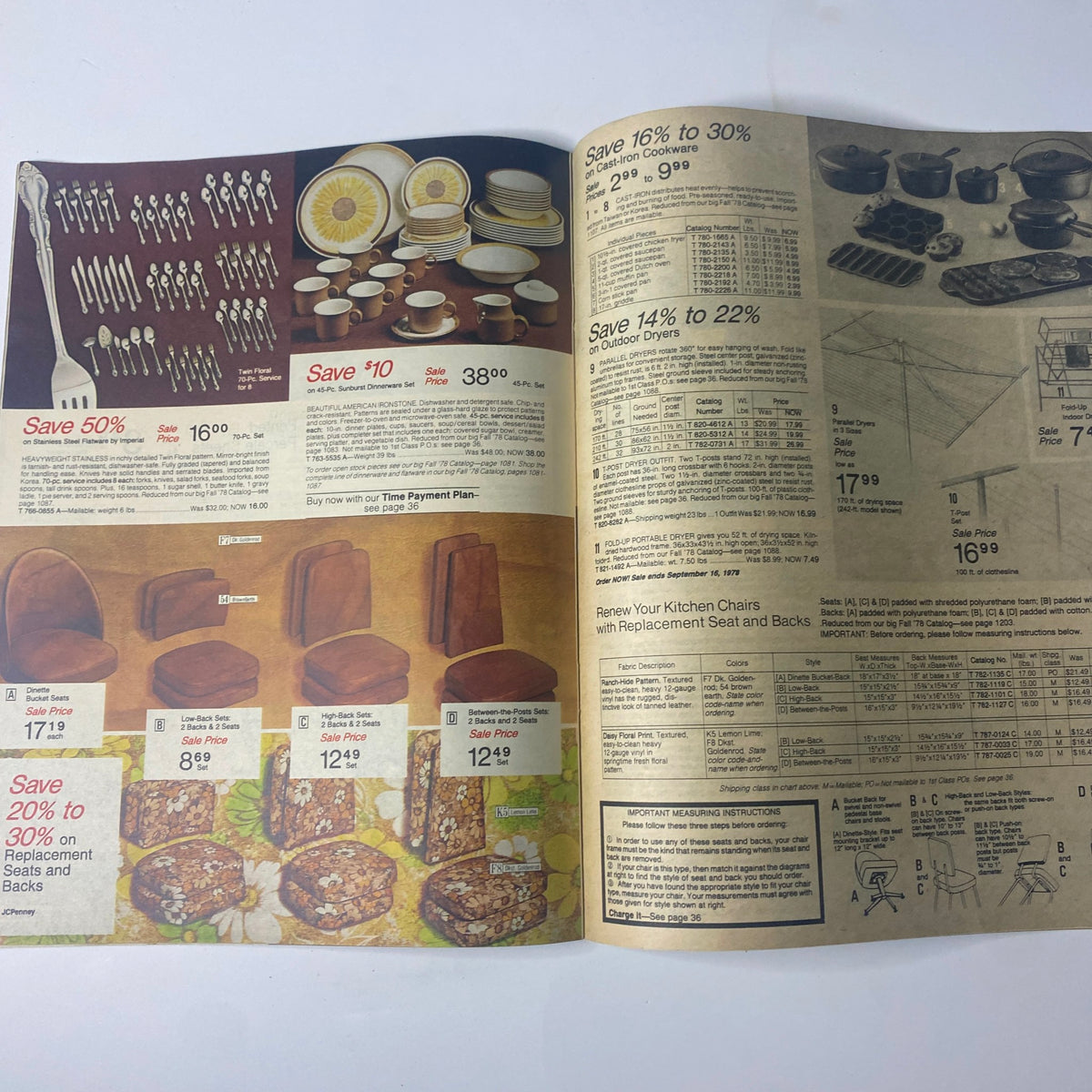 1978 JC Penney Back-to-School Sale Catalog presenting kitchenware including cutlery and dinnerware sets, with notable discounts on select items.