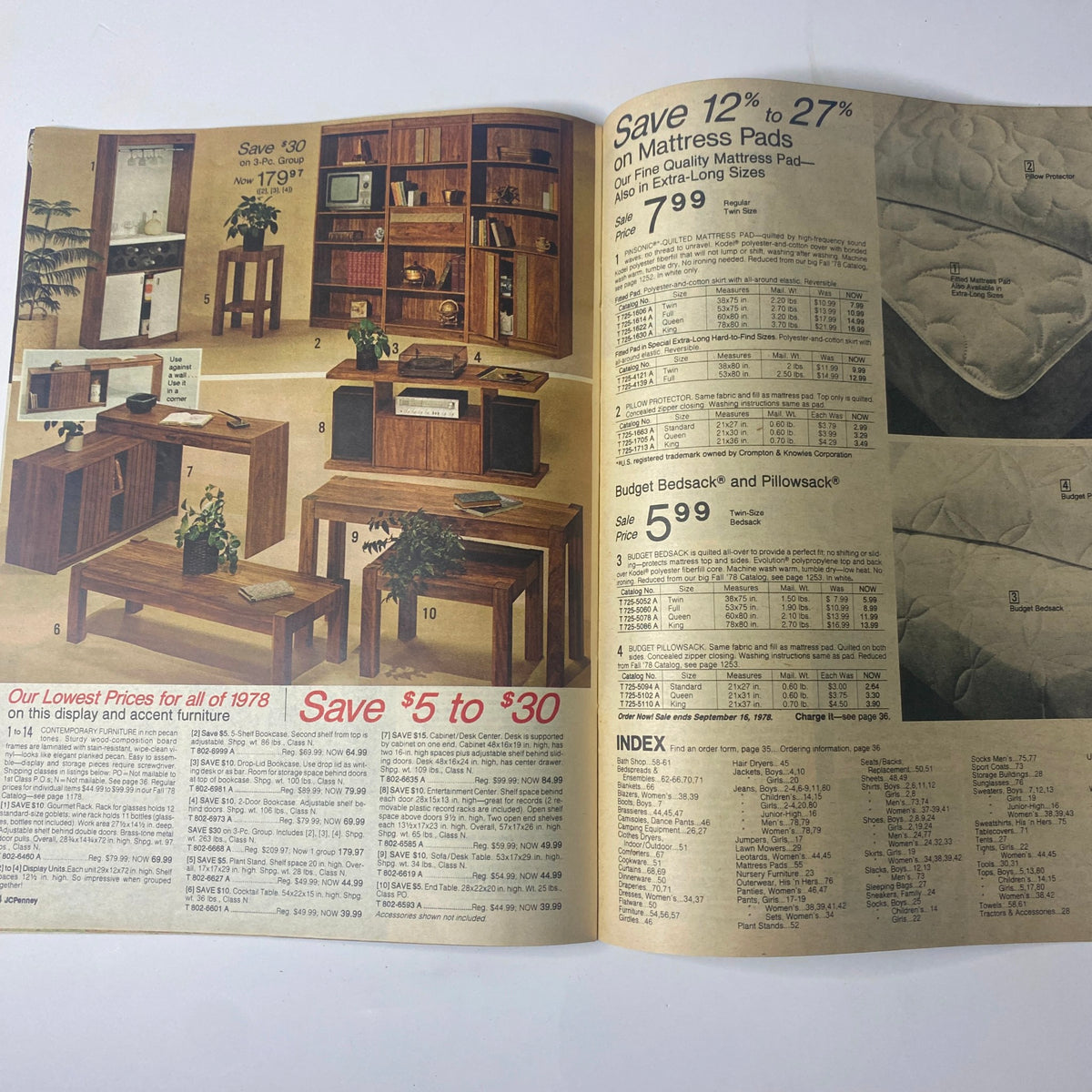 1978 JC Penney Back-to-School Sale Catalog featuring home furniture deals, including shelving units and mattress pads, showcasing significant price reductions.