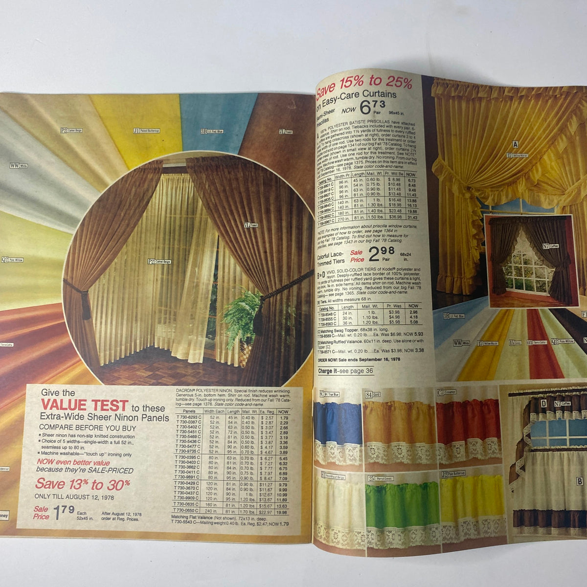 1978 JC Penney Back-to-School Sale Catalog highlighting a colorful array of easy-care curtains with promotional discounts on various styles and colors.