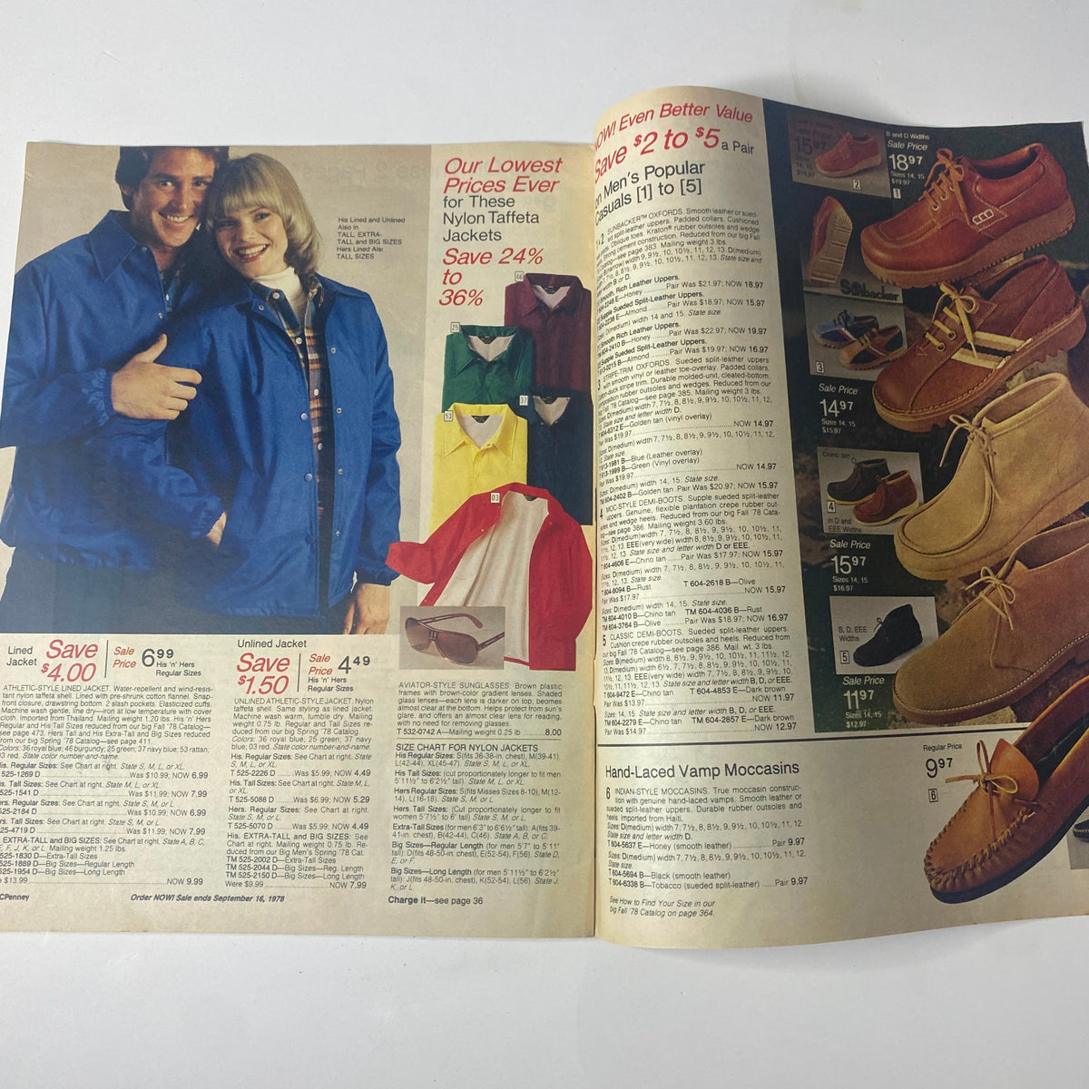 1978 JC Penney Back-to-School Sale Catalog featuring a vibrant fashion spread with a man and woman modeling colorful jackets and layered shirts, showcasing late-1970s youth fashion styles.