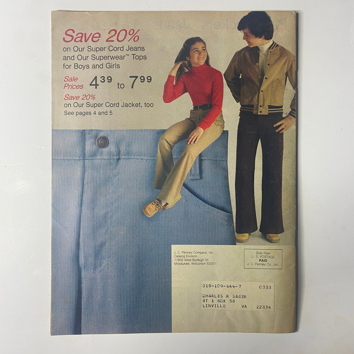 1978 JC Penney Back-to-School Sale Catalog displaying a promotional image for super cord jeans and casual tops, featuring a stylish young couple dressed in retro fashion, highlighting trends from the late 1970s.