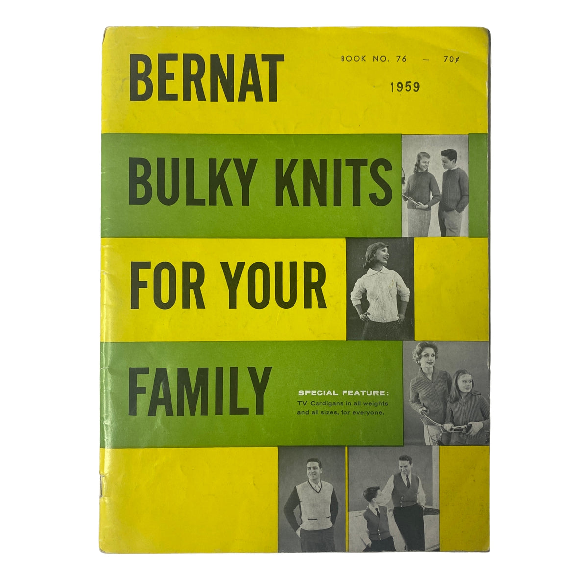 1959 Bernat Handicraft Bulky Knits Catalog cover featuring the title prominently displayed, along with images of models wearing various knitwear designs. The vibrant cover highlights the catalog's focus on family-oriented knitting patterns.