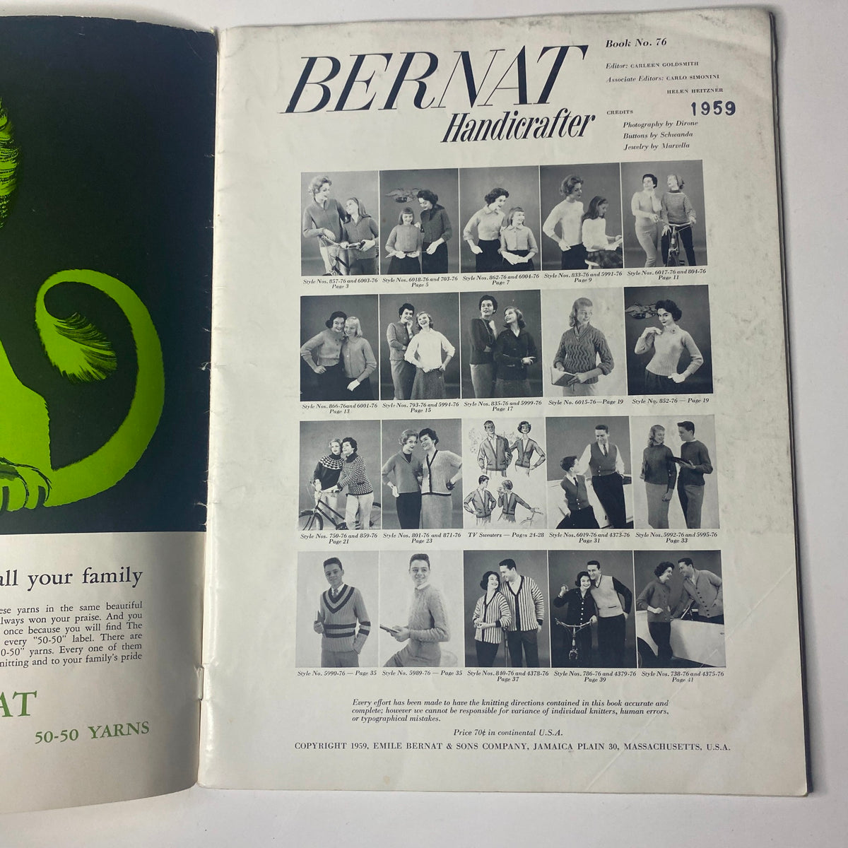Inside page of the 1959 Bernat Handicraft Bulky Knits Catalog showcasing a collection of knitting patterns with models in coordinating outfits. This page emphasizes the catalog's diverse range of knitting ideas for different styles.