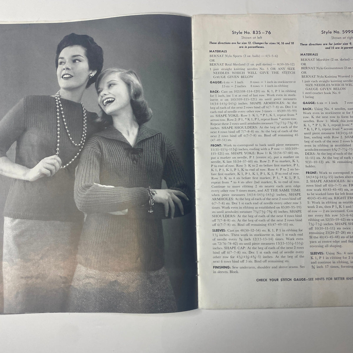 1959 Bernat Handicraft Bulky Knits Catalog featuring two women modeling stylish ribbed sweaters with a sophisticated design, representing vintage knitwear trends.