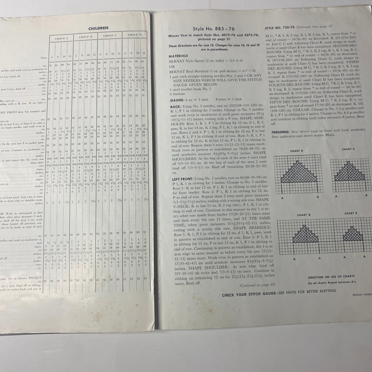 Inside page of the 1959 Bernat Handicraft Bulky Knits Catalog displaying detailed sizing charts and pattern specifications for matching children's sweaters.