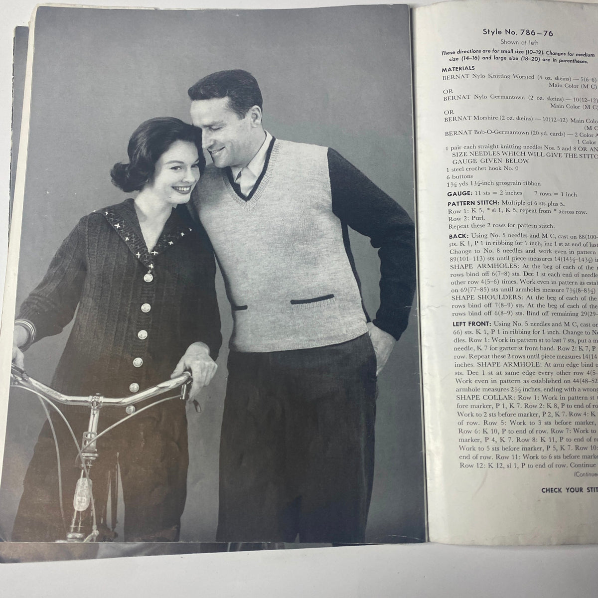 1959 Bernat Handicraft Bulky Knits Catalog image of a couple in coordinated knitted vests, showcasing classic vintage knitwear styles.