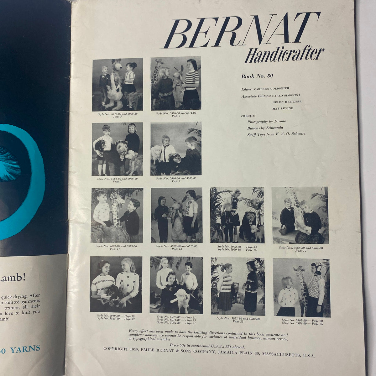 Inside page of the 1959 No. 80 Bernat Mirsa of Italy Bulky-Knits Catalog showcasing various children’s knitting patterns with images of kids wearing the designs.