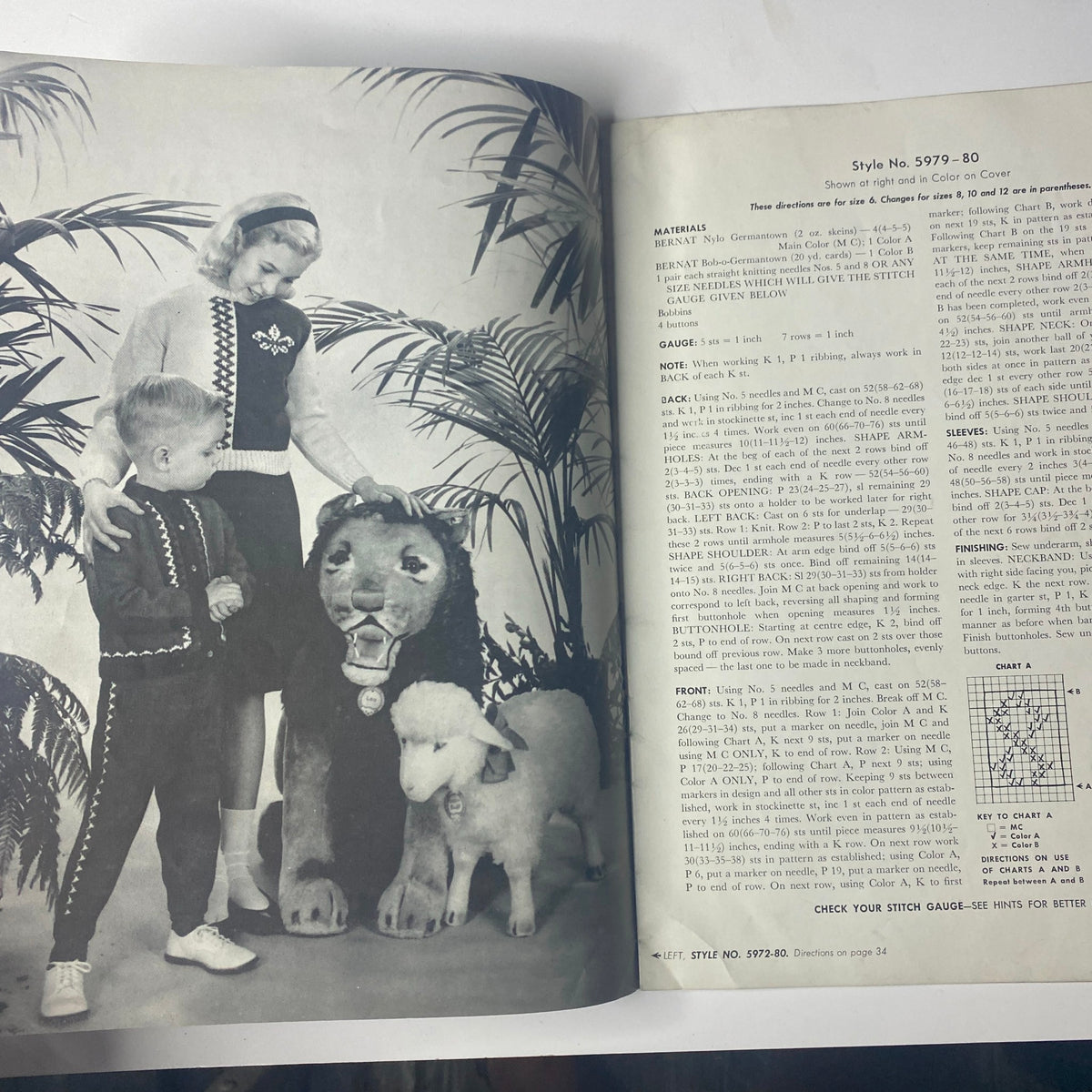 1959 No. 80 Bernat Mirsa of Italy Bulky-Knits Catalog displaying a mother and child interacting with plush animals while highlighting a children's sweater pattern.
