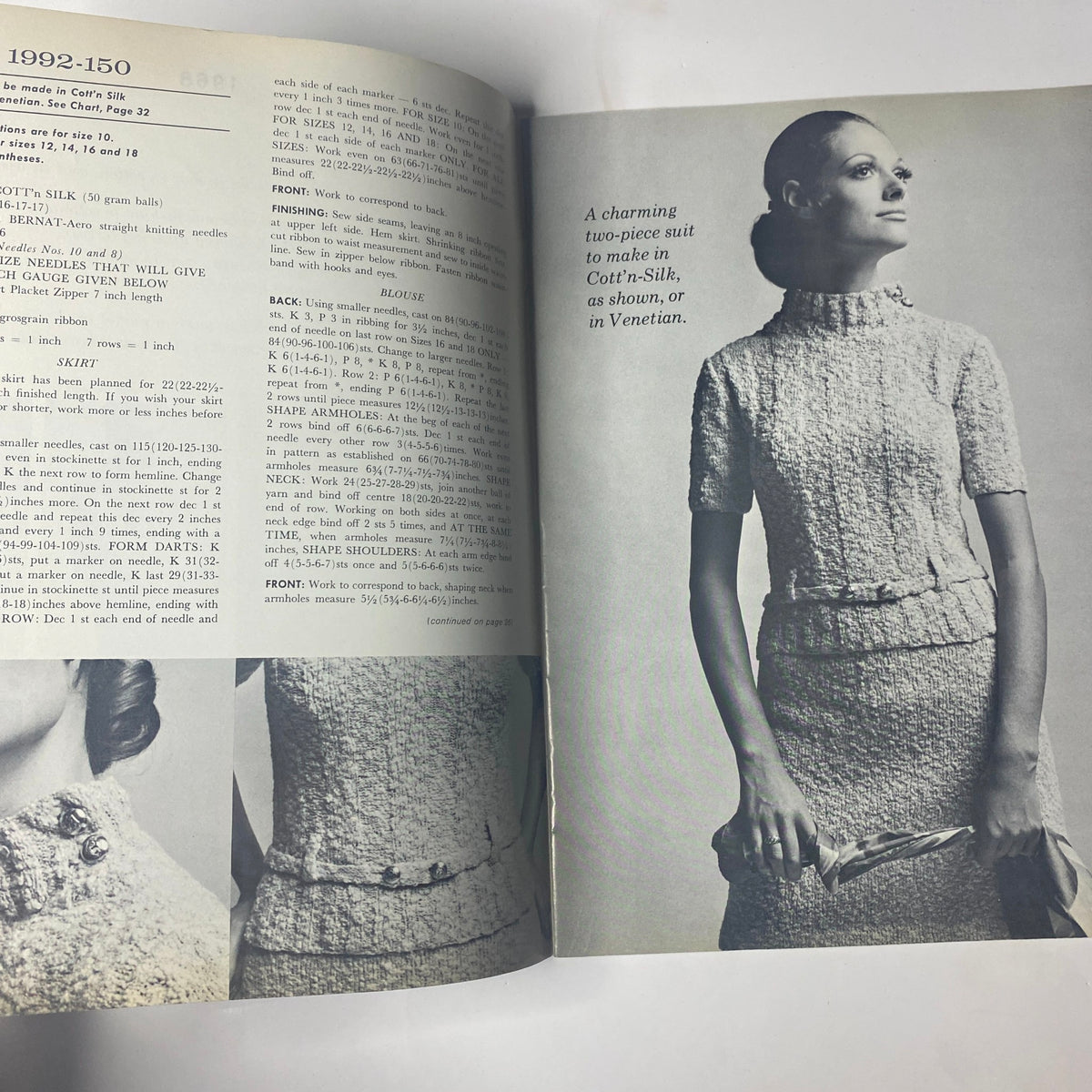 Close-up view from the 1968 No. 150 Bernat Catalog featuring a two-piece suit pattern made from Cott’n-Silk yarn, highlighting fashion details and styles from the 1960s.