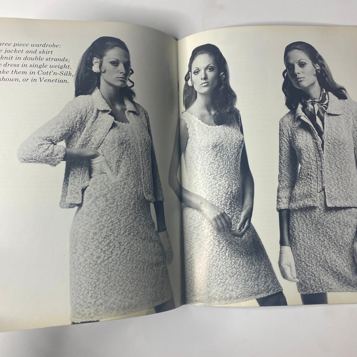 1968 No. 150 Bernat Catalog page displaying three models wearing textured knit outfits including a jacket and skirt ensemble, emphasizing designs using Bernat Cott’n-Silk and Venetian yarns.