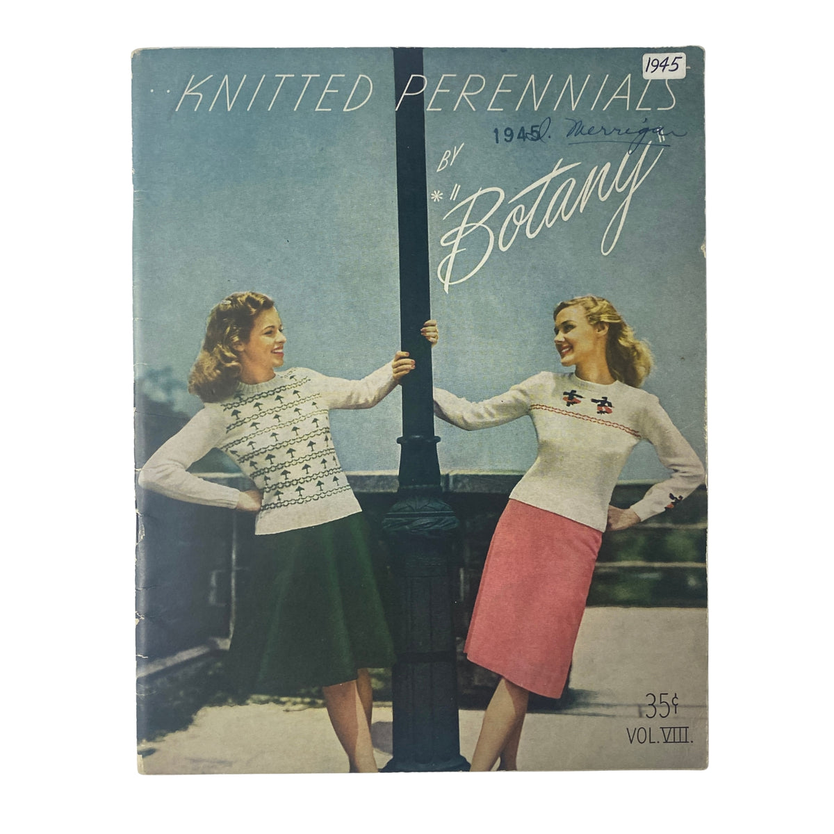 Cover of the 1945 Vol. 8 Knitted Perennials by Botany Catalog featuring two women modeling knitted garments, showcasing vintage knitting designs.
