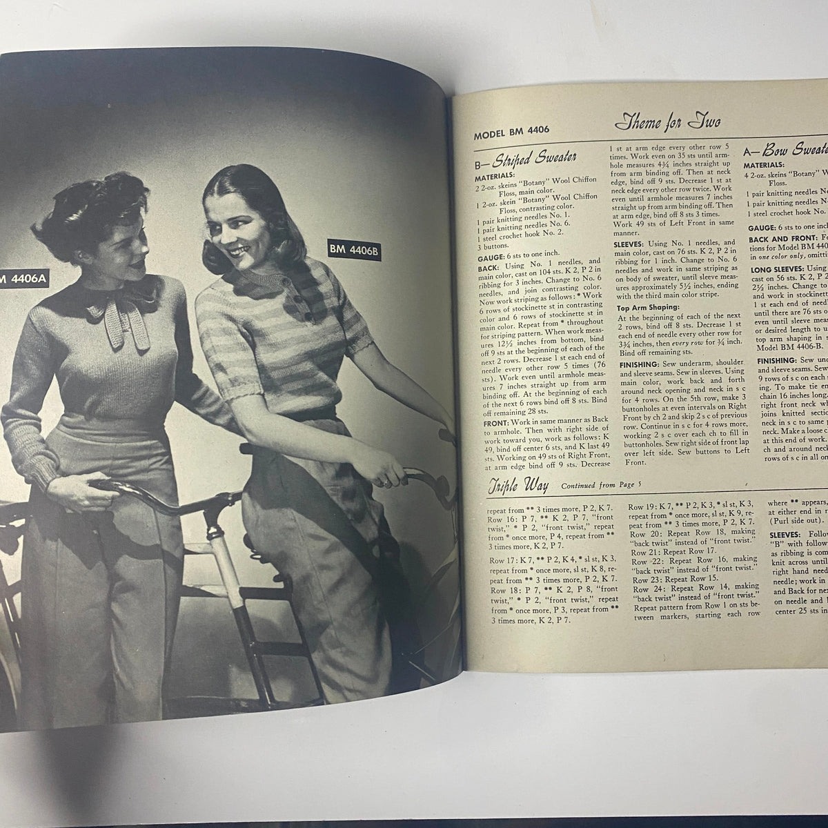 1945 Vol. 8 Knitted Perennials by Botany Catalog displaying two women in stylish knitted sweaters, continuing the fashion trend from the 1940s, documented in Model BM 4406.