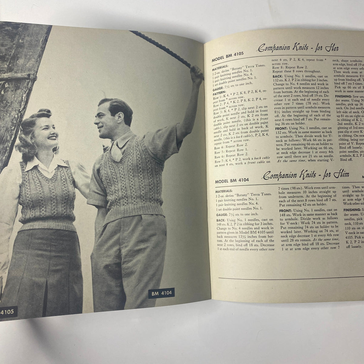 1945 Vol. 8 Knitted Perennials by Botany Catalog illustrating a couple in classic knitted vests and sweaters, highlighting 1940s knitting styles featured in Model BM 4105.
