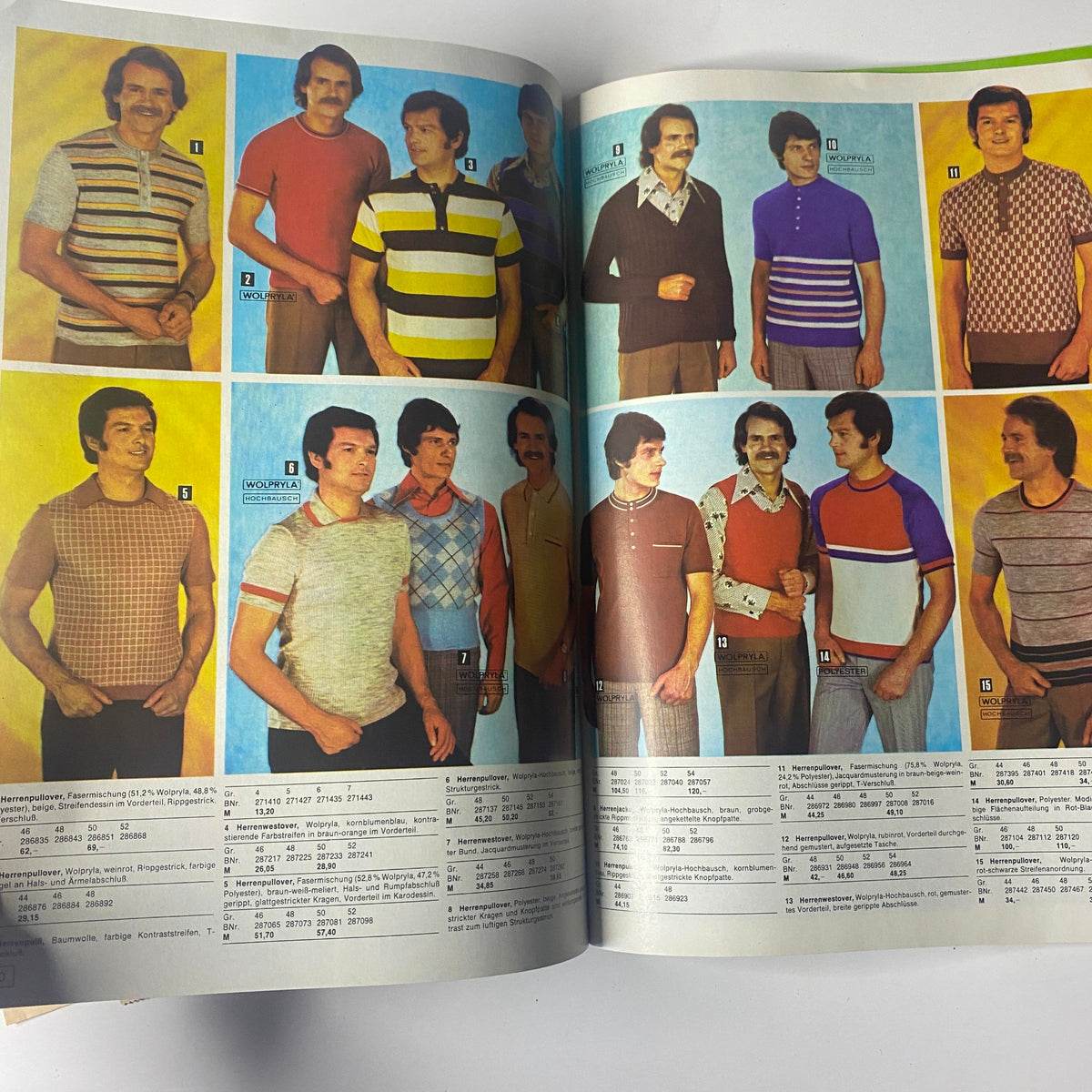 1975 Konsument Summer Catalog highlighting men's knitwear options, displaying various colorful polo and crew-neck shirts from the East German fashion scene.