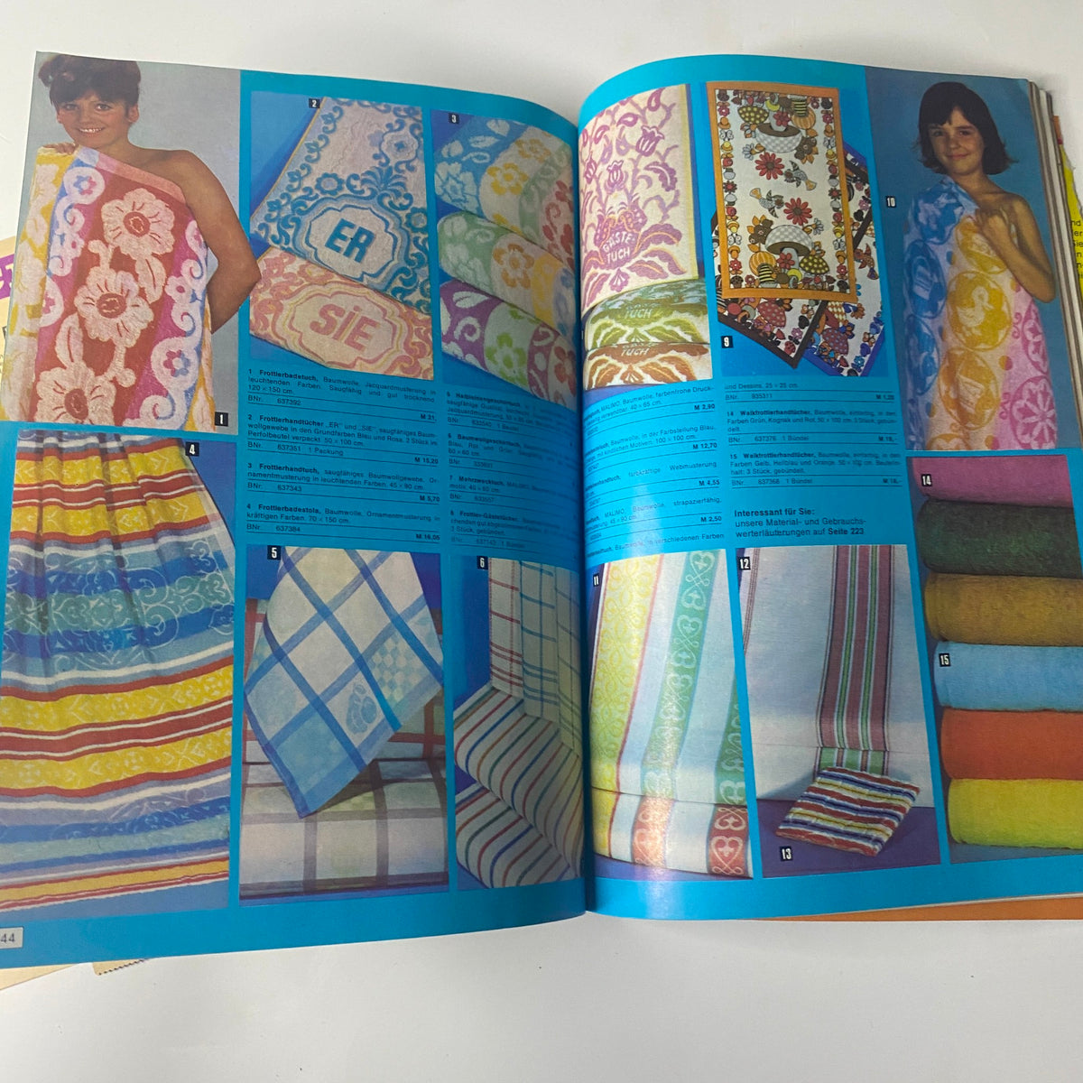 1975 Konsument Summer Catalog showcasing colorful towels and textile designs, featuring various patterns and styles for summer use.