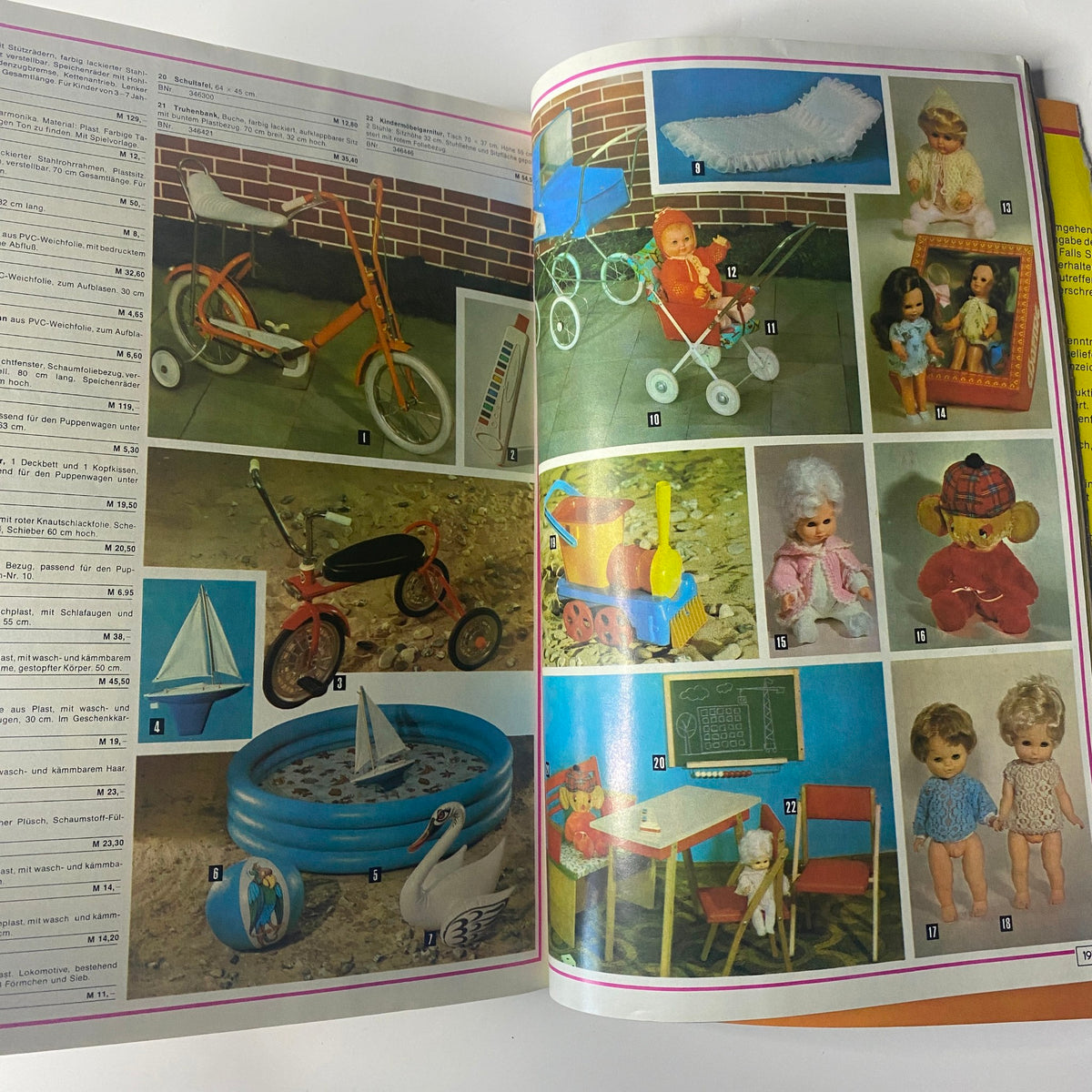 1975 Konsument Summer Catalog page displaying classic toys for children, including tricycles, dolls, and inflatable swimming pools.