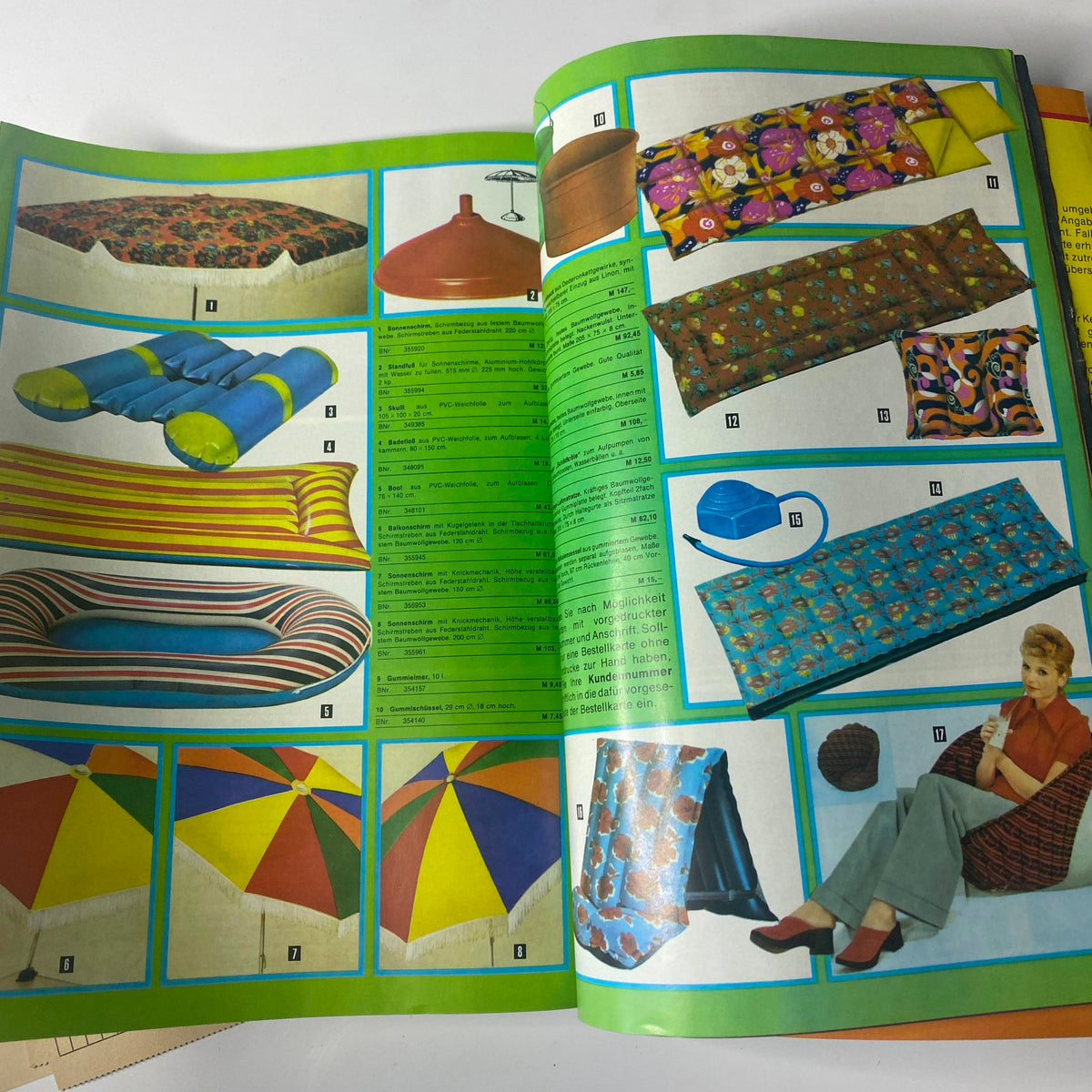 1975 Konsument Summer Catalog highlighting outdoor furniture and leisure items, including beach mats, umbrellas, and patterns suitable for summertime.