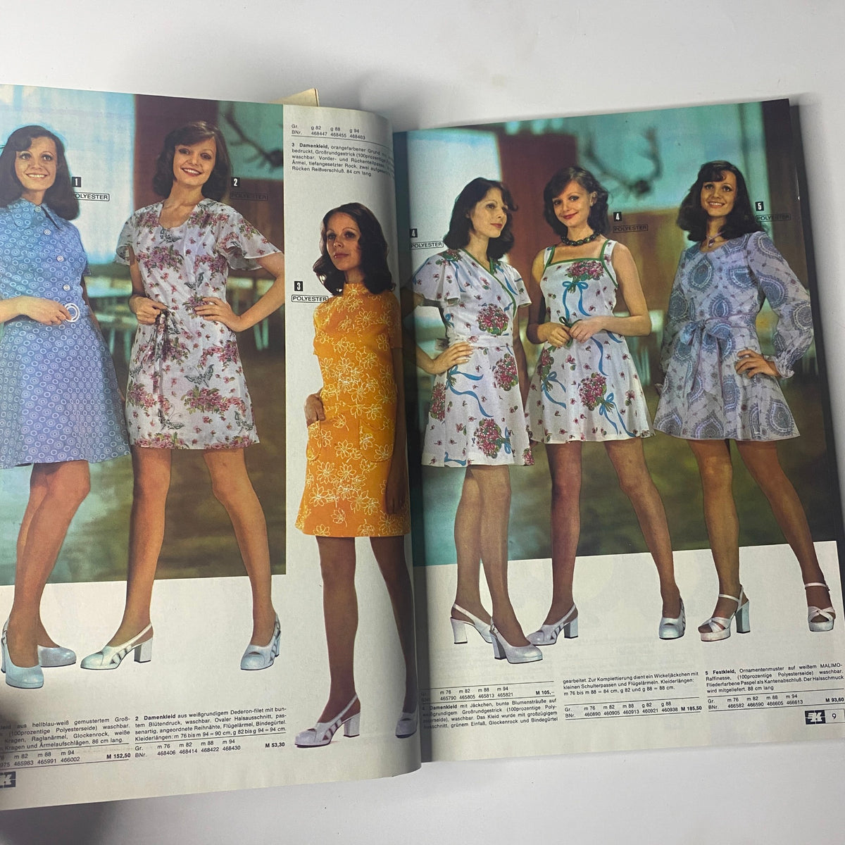 1974 Konsument Summer Catalog showcasing various stylish women's dresses including short-sleeved and sleeveless options, featuring feminine prints and patterns, perfect for summer fashion.