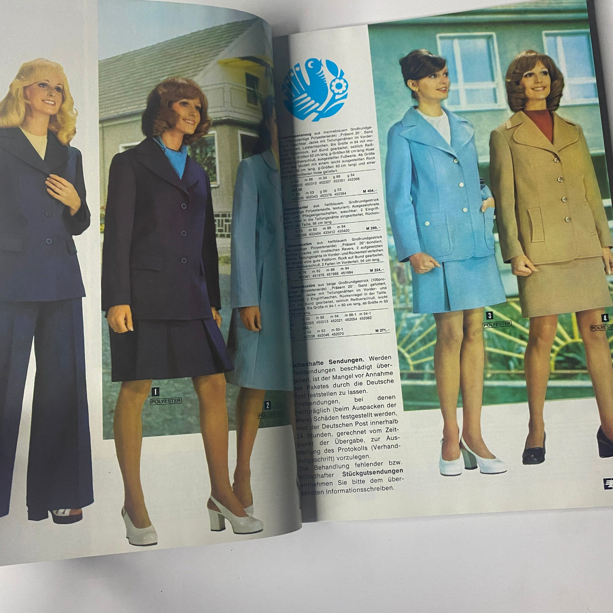 1974 Konsument Summer Catalog portraying women in tailored suits and dresses, showcasing sleek designs and colors typical of the mid-70s fashion era.