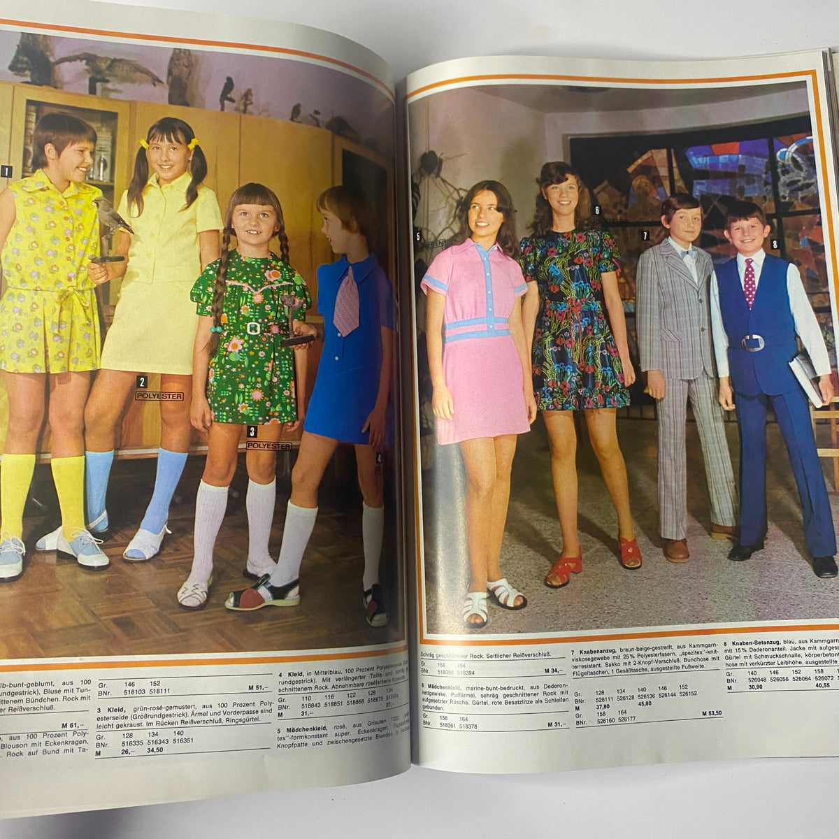 1974 Konsument Summer Catalog highlighting youthful summer outfits for girls and boys, characterized by bright colors and unique patterns.