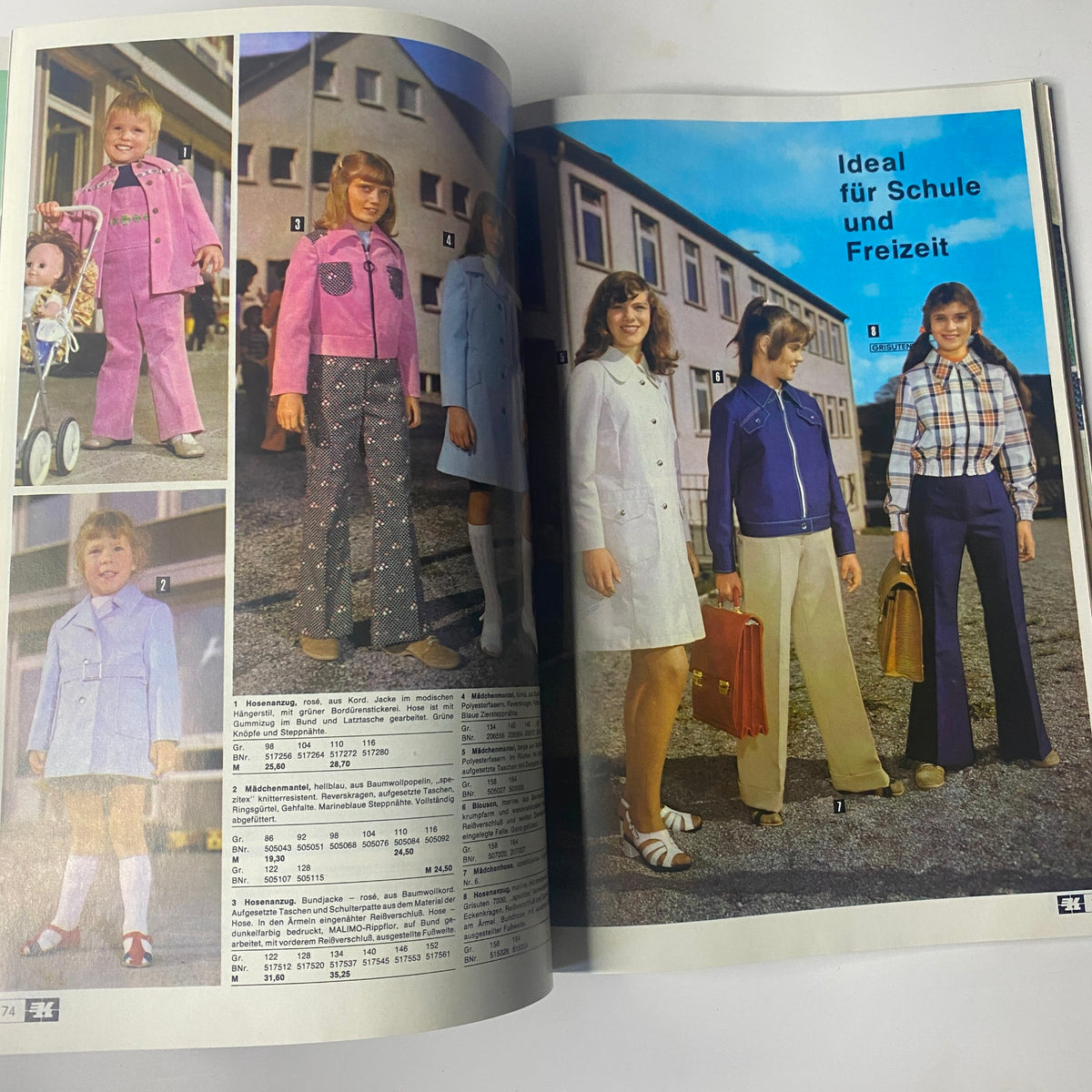 1974 Konsument Summer Catalog presenting stylish casual wear for children, including coordinated ensembles perfect for school and leisure activities.