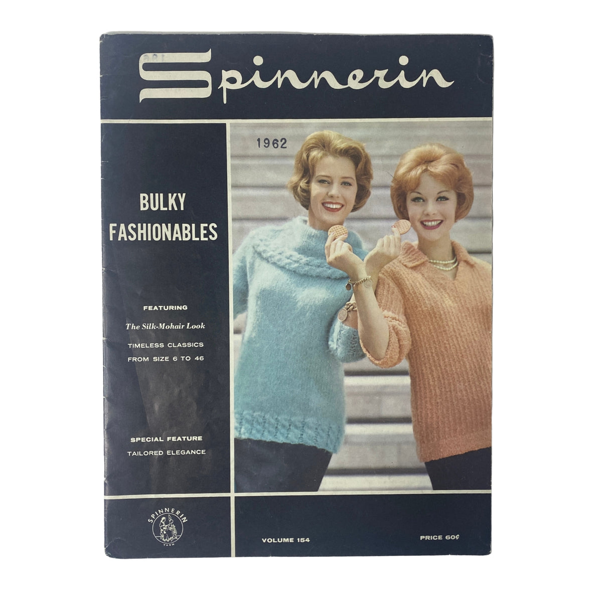 1962 Spinerin Bulky Fashionables Catalog featuring two women in stylish sweaters, showcasing vintage knitting patterns and mid-century fashion aesthetics.