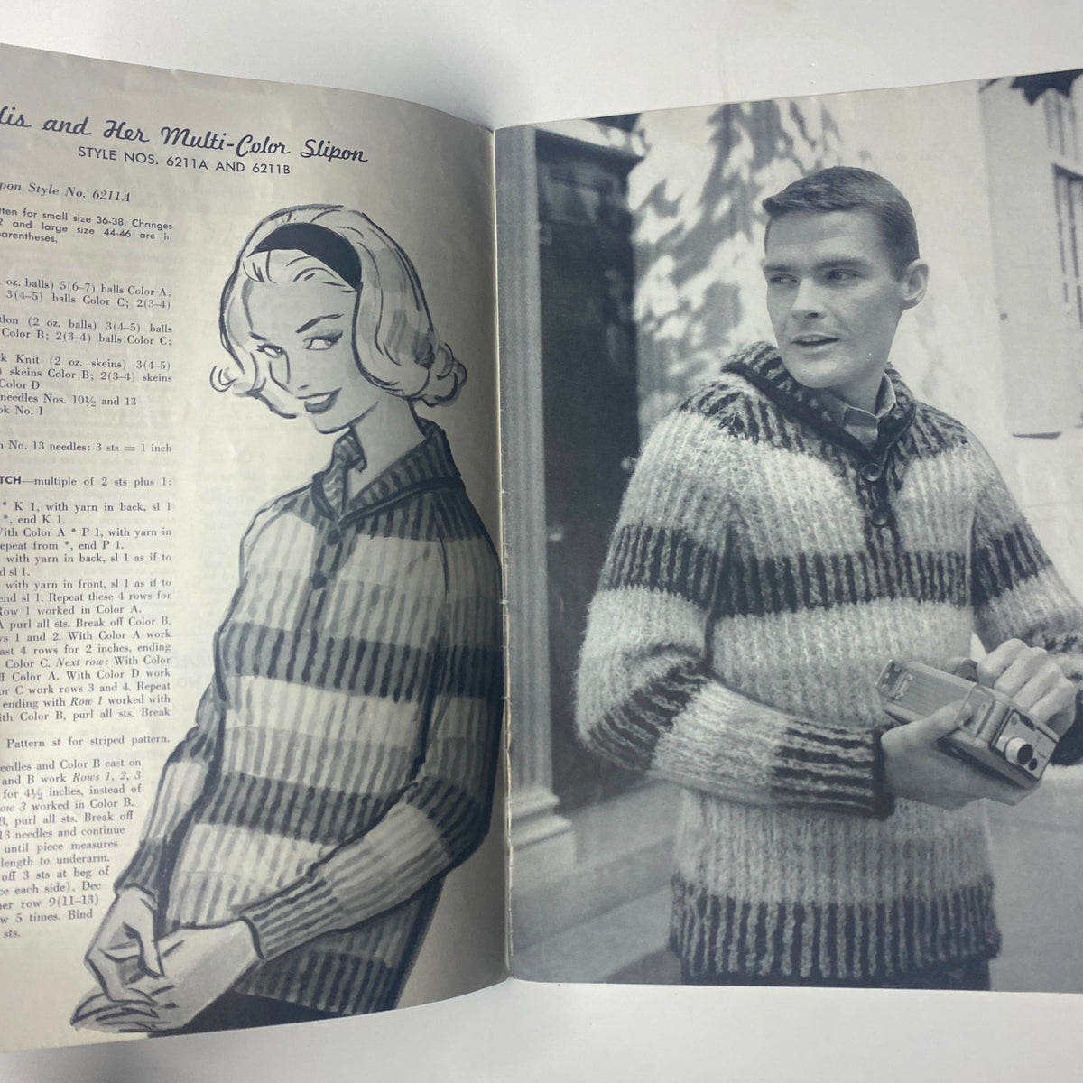 1962 Spinerin Bulky Fashionables Catalog showcasing a woman with a stylish bob haircut alongside a man wearing a striped pullover sweater, highlighting the vintage knitting patterns from the era.