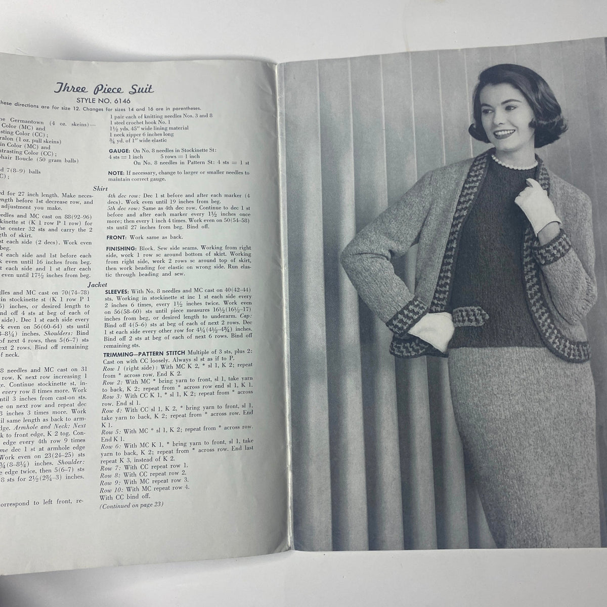 1962 Spinerin Bulky Fashionables Catalog displaying a woman in a vintage three-piece suit, emphasizing the knitting instructions and patterns popular in the 1960s.